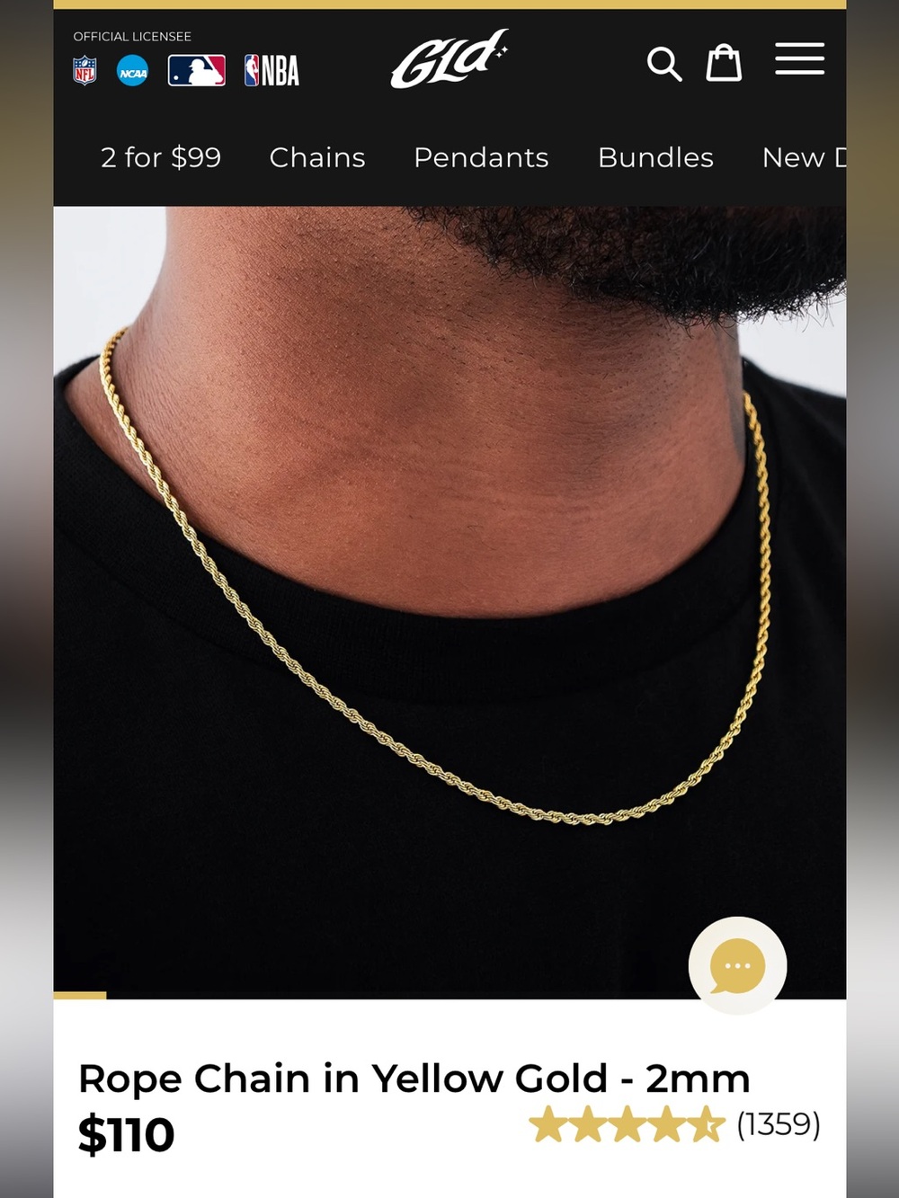 yellow gold GLD rope chain necklace 2mm 24 inch